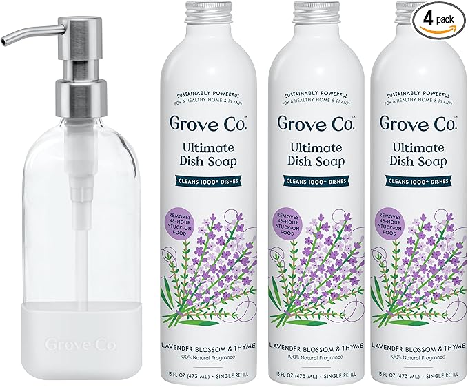 Grove Co. Ultimate Dish Soap Refills (3 x 16 Fl Oz) + Refillable Glass Dish Soap Dispenser for Kitchen Sink with Non-Slip Silicone Sleeve, Plastic Free Cleaning Products, Lavender Blossom & Thyme