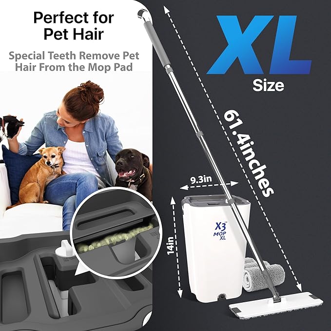 X3 Mop XL, Separates Dirty and Clean Water, 3-Chamber Design, Flat Mop and Bucket Set, Hands Free Home Floor Cleaning, 3 Reusable Microfiber Mop Pads Included