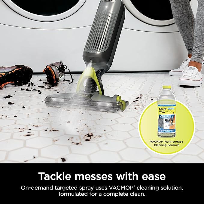 Shark VACMOP Pro Cordless Hard Floor Cleaner, Vacuum and Spray Mop, Powerful Suction, Lightweight, LED Headlights, Includes 4 Disposable Pads, 12oz Multi-surface Cleaning Solution, Gray, VM252