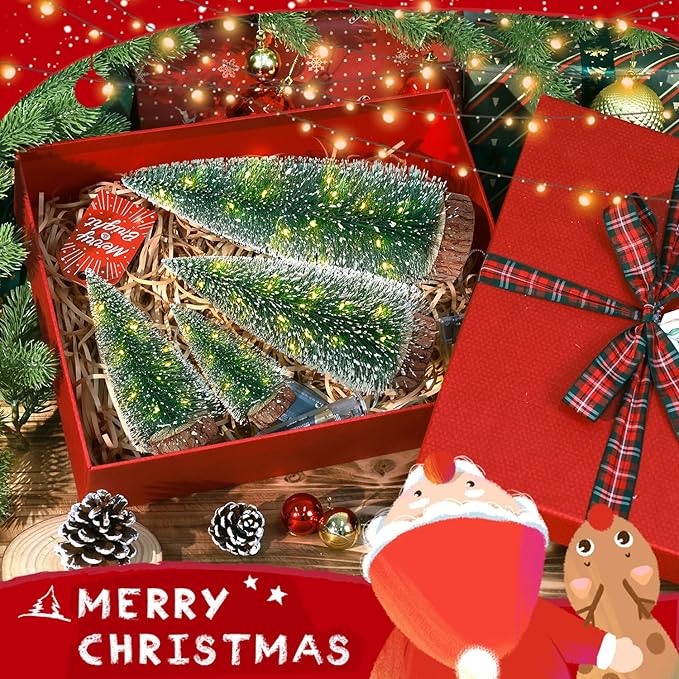 4pcs Mini Christmas Trees Christmas Decor, Artificial Christmas Mini Bottle Brush Trees Tabletop, Christmas Decoration Trees with 4 Size Xmas Holiday Decor (4pcs Green Tree with Lights)