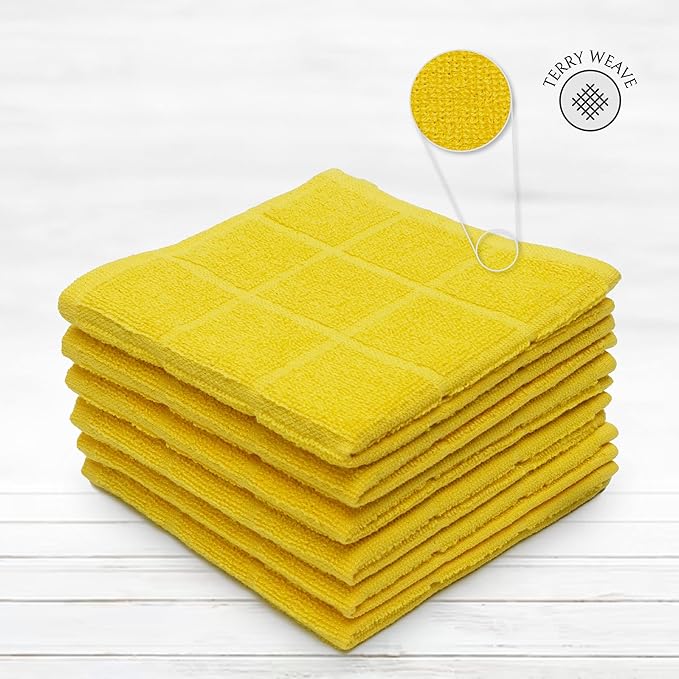 100% Cotton Dish Cloth for Dish Washing, Terry Dish Cloth, Cotton Dish Rags, 6 Pack, Super Soft and Absorbent,12"x12", inches, Reusable Cleaning Cloth, Yellow
