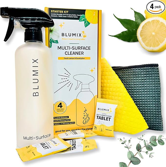 Multi-Surface Cleaner Set: Spray Bottle, 4 Cleaner Tablets - Lemon & Eucalyptus Scents, Swedish Dishcloth, & Glass Cleaning Cloth – Eco-Friendly, All-Purpose, Essential Oils, Gift Starter Set