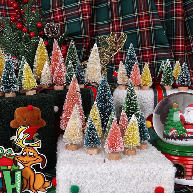 Christmas Decorations Mini Christmas Tree 35pcs,Mini Miniature Christmas Pine Tree Bottle Brush Trees Wooden Bases Tree for Your Village Desktop Xmas Holiday Party (Pink,Yellow,Blue,Green,Beige)