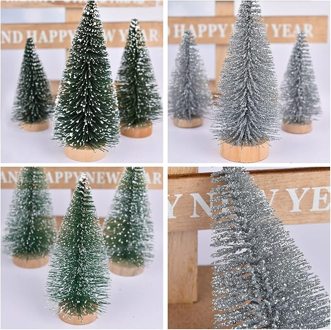 DearHouse 30PCS Artificial Mini Christmas Trees, Mini Pine Tree Sisal Trees with Wood Base Bottle Brush Trees for Christmas Table Top Decor Winter Crafts Ornaments (Silver, 30)