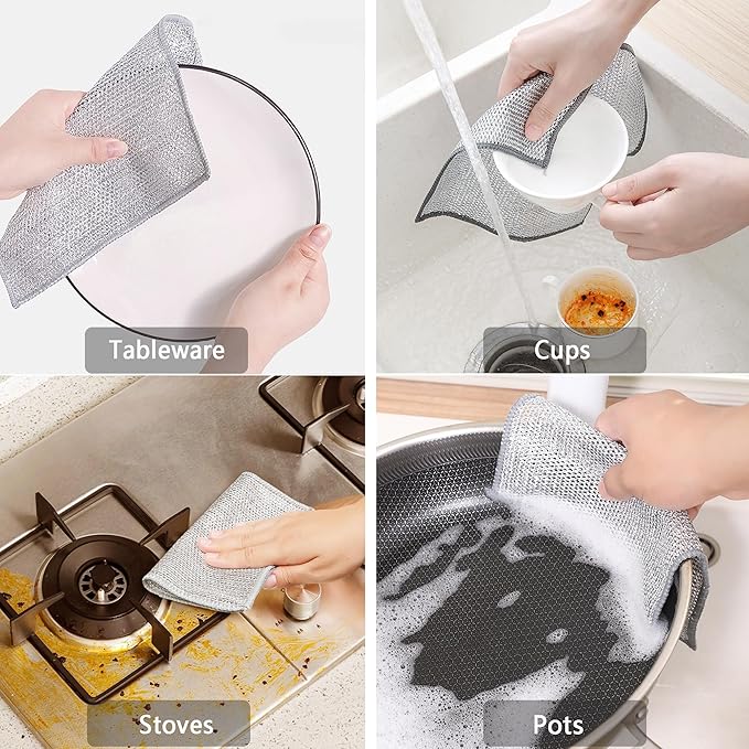 12 Pcs Non Scratch Wire Dishcloth,Multipurpose Wire Dishwashing Rags for Wet and Dry, Reusable Kitchen Wire Miracle Cleaning Cloths for Dishes, Sinks, Stove Tops