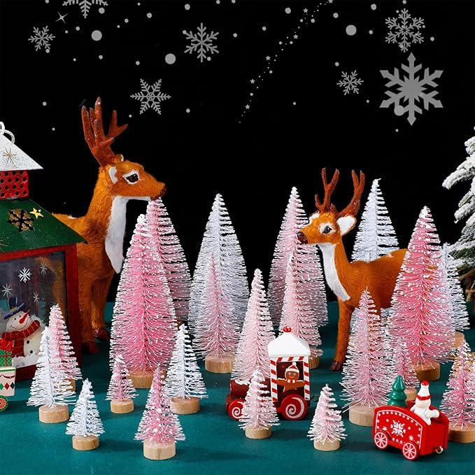 Leyndo 24 Pcs Pink Artificial Mini Christmas Tree Xmas Sisal Bottle Brush Trees with Wood Base Christmas Decor for Xmas Party Table Top Winter Ornaments Home Kitchen Crafts