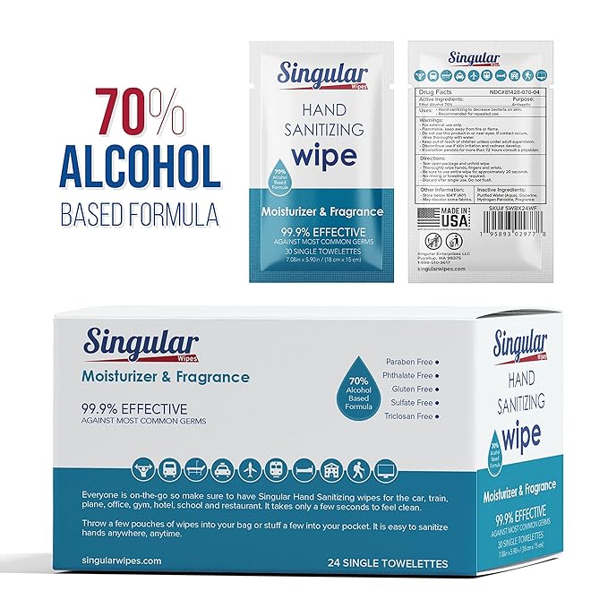 Hand Sanitizing Wipes Travel Size by Singular Wipes - Hand Sanitizer Wipes Individually Wrapped with Fresh Citrus Fragrance & Moisturizer for Travel, Office, School, and Daily Activities - (24ct Box)