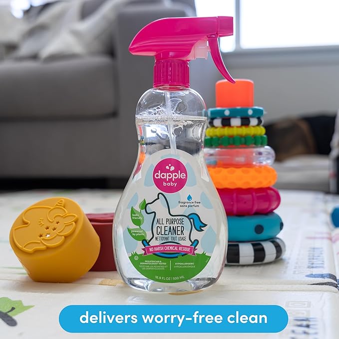 Dapple Baby All Purpose Cleaning Spray, Hypoallergenic for Toys, High Chairs, Swings, Counters, Powered by Plants, 1 Pump Included, Fragrance Free, 16.9 Fl Oz (Pack of 2) + 30 Count Wipes