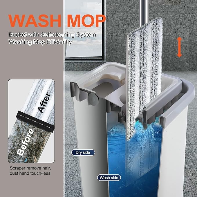 Mop and Bucket Set for Home, Hands-Free White Flat Squeeze Mop and Bucket System,Floor/Wall Cleaner with Long Handle, Wet/Dry Use (Mop and Buckets Set with 6 Pads)
