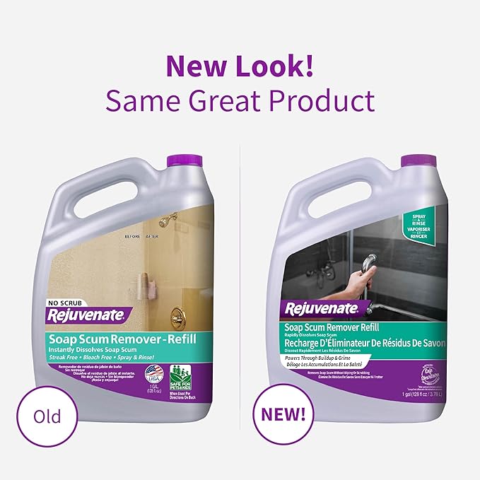 Rejuvenate Scrub Free Soap Scum Remover Cleaning Formula - Spray and Rinse for Streak Free Finish on Glass, Ceramic Tile, Chrome, Plastic and More