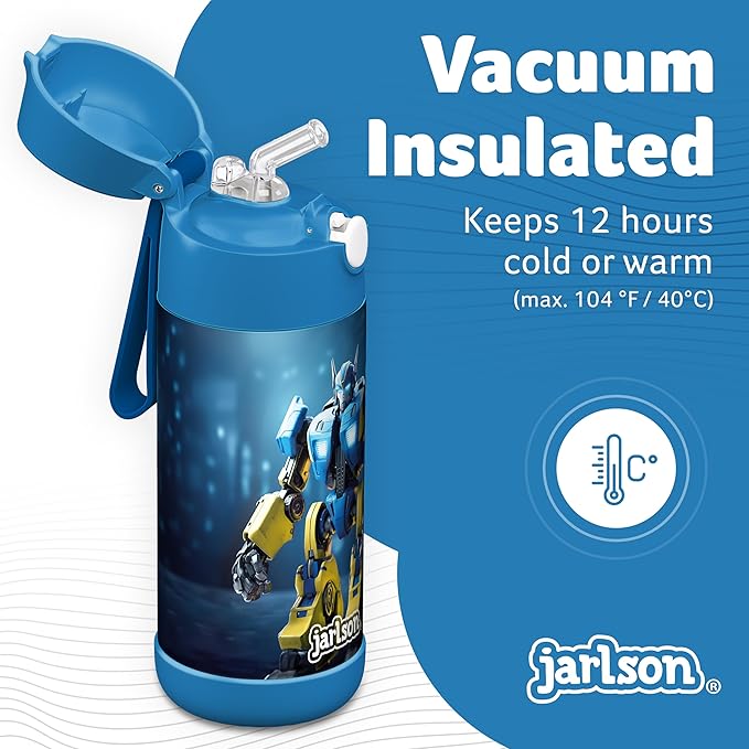 Jarlson® Charli Children's Stainless Steel Drinking Bottle with Straw - Thermos Flask 350 ml - TÜV Tested - BPA Free - Leak-Proof - Thermal Water Bottle for School, Nursery (Robot 'Neo')