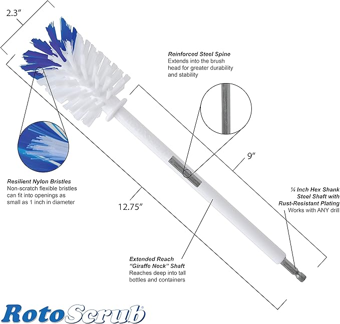 Bottle Brush - Drill Accessory - Clean Water Bottles, Coffee Mugs, Cups, Pots, Glasses, Jars, Blenders & Pitchers