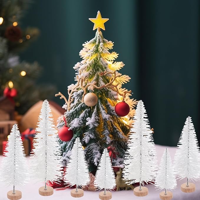 Yookat 40Pcs Mini Christmas Trees Artificial Mini Pine Trees with Wood Base Sisal Trees Bottle Brush Trees Assorted Color for Christmas Decoration Winter Ornaments (White)