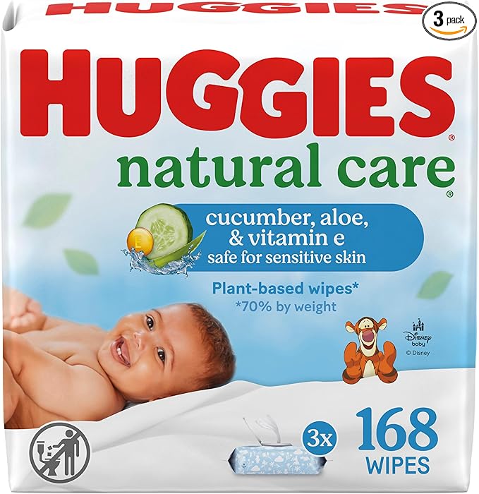 Huggies Natural Care Cucumber, Aloe and Vitamin E Baby Wipes, Hypoallergenic, Scented, 3 Flip-Top Packs (168 Wipes Total), Packaging May Vary