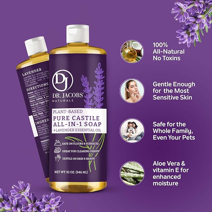 Dr. Jacobs Naturals Lavender Castile All-In-One Cleaner and Soap, Effective Plant-Based Formula for House Cleaning. Eco-friendly for Home Essentials and the Planet (32 Fl Oz, 1 Pack)