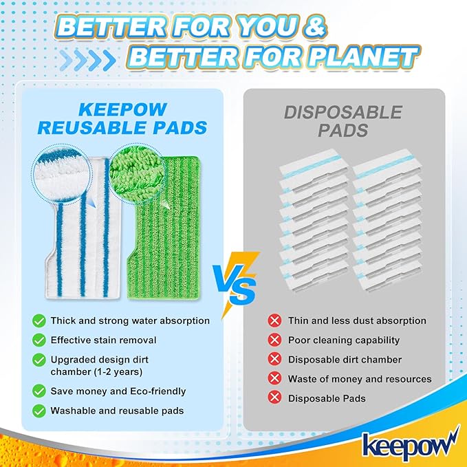 KEEPOW Reusable Mop Replacement Pads Compatible with Shark Vac Mop VM252 VM200 VC205 VM250 /QM250 VM190 VM200P12, Washable Vacuum Mop Pad Refills, Upgraded Design of Dirt Chamber (1+2+2+2 Pads)