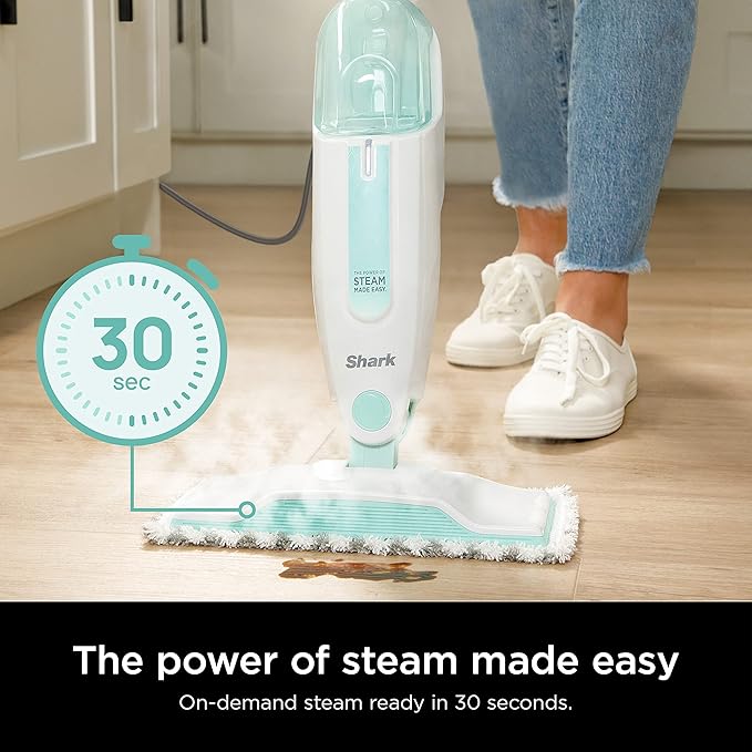 Shark S1000 Steam Mop with 2 Dirt Grip Pads, Lightweight, Safe for all Sealed Hard Floors like Tile, Hardwood, Stone, Laminate, Vinyl & More, Machine Washable, Removable Water Tank, White/Seafoam