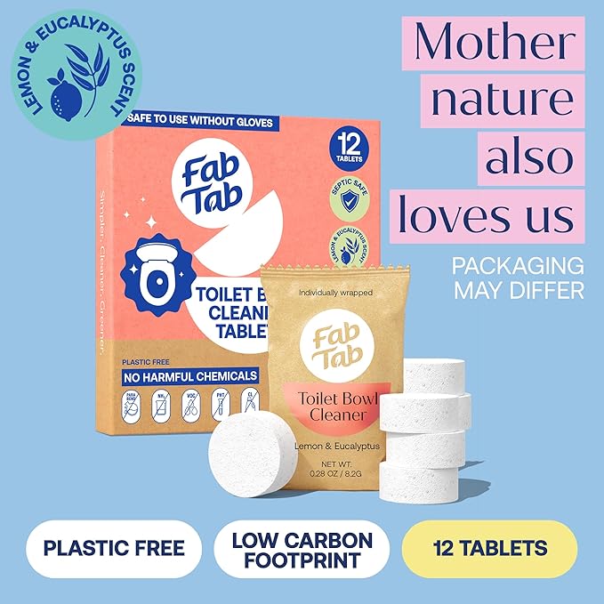 Toilet Bowl Cleaner Tablets, Plant Based Toilet Bowl Cleaner, Septic Safe, Plastic Free, No Harmful Chemicals, Lemon & Eucalyptus Scent, Individually Wrapped, Powerful Cleaning - 12 Tablets