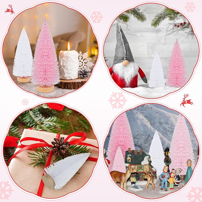Leyndo 9 Pcs Pink Color Mini Sisal Bottle Brush Trees Small Artificial Christmas Tree with Wood Base Christmas Pine Decor for Home Table Holiday Party Decor