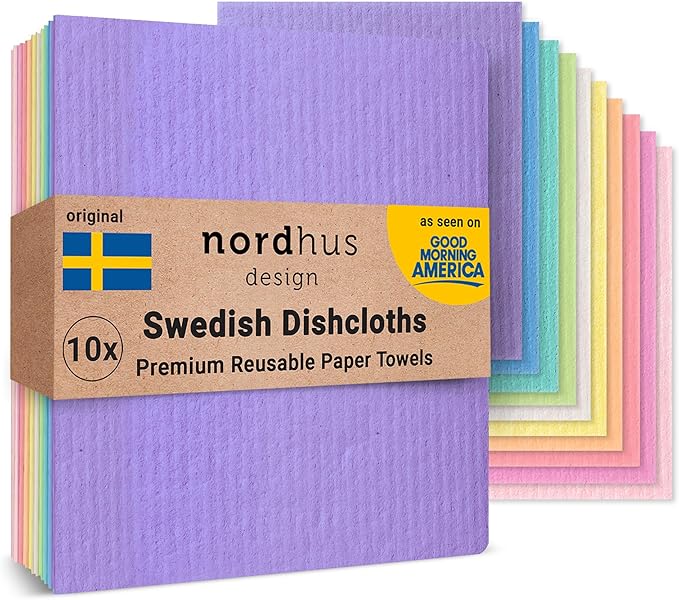 Nordhus Design Swedish Dishcloths, Multi Colors, 10-Pack, Reusable, Washable Cellulose Cotton Kitchen Cloths - Replace Paper Towels, Wipes, Sponges, Dish Rags