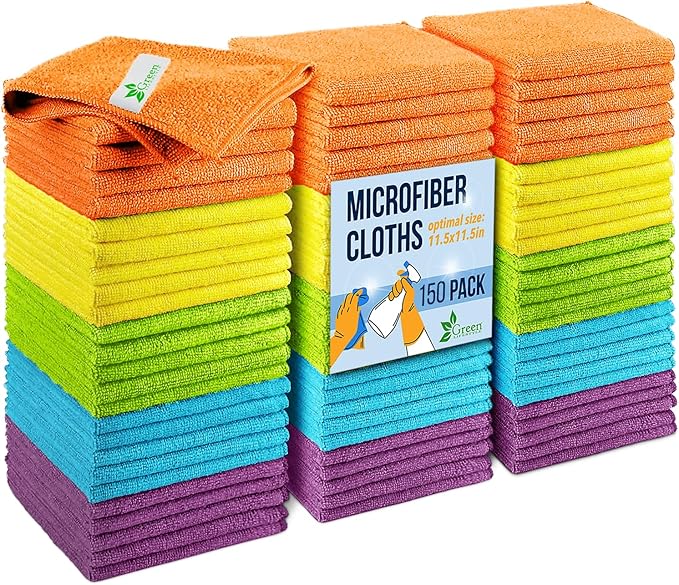 GREEN LIFESTYLE Chamois Cloth, Microfiber Cleaning Cloth 150 Pack, Borderless Towels Cleaning, Car Microfiber Towel, Drying Wash Towels (11.5" x 11.5", Multicolor)
