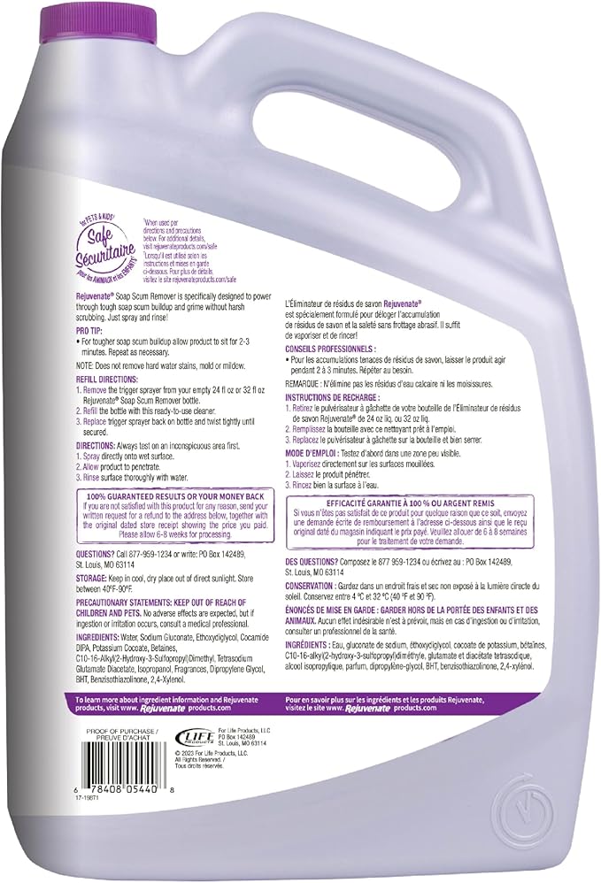 Rejuvenate Scrub Free Soap Scum Remover Cleaning Formula - Spray and Rinse for Streak Free Finish on Glass, Ceramic Tile, Chrome, Plastic and More
