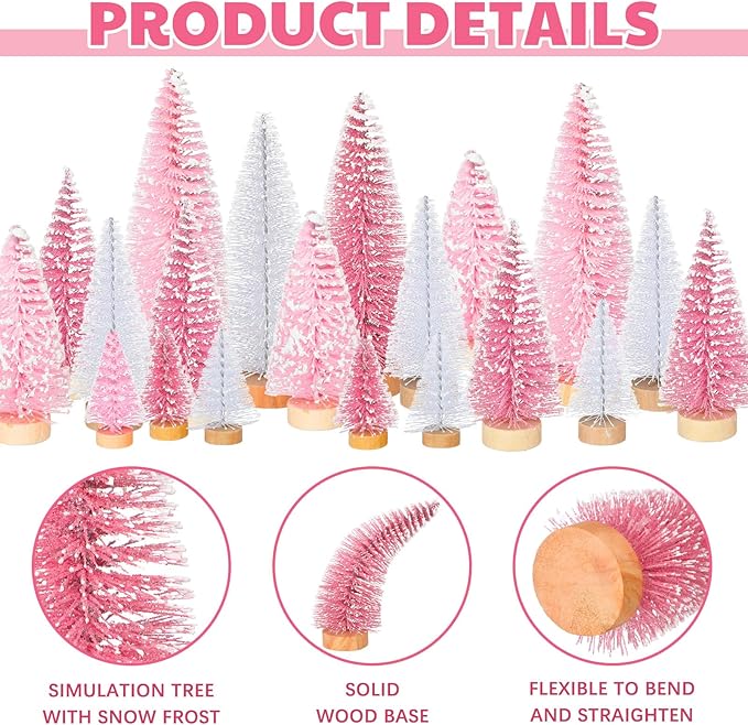 Leyndo 48 Pcs Pink Artificial Mini Christmas Tree Xmas Sisal Bottle Brush Trees with Wood Base Christmas Decor for Xmas Party Table Top Winter Ornaments Home Kitchen Crafts