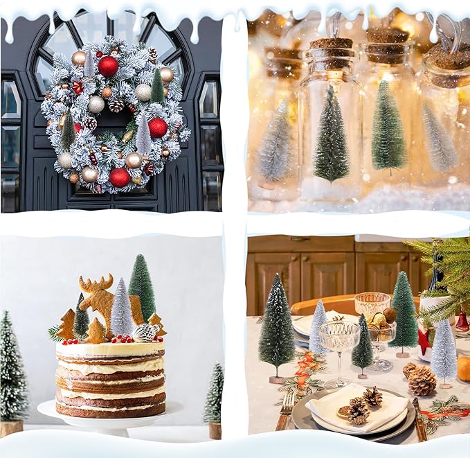 Waipfaru Christmas Decorations, Bottle Brush Christmas Trees, 21 Pcs Mini Christmas Tree Table Decor, Miniature Pine Trees for Xmas Tabletop Crafts Indoor Decor (Green & Sliver)