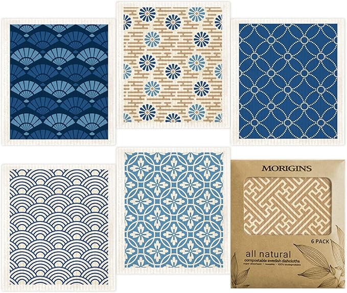 Morigins Wholesale Swedish Dish Cloths - 6 Pack Reusable Compostable Kitchen Cloth,Cellulose Sponge Dish Cloths Dish Towel Set (Japanese)