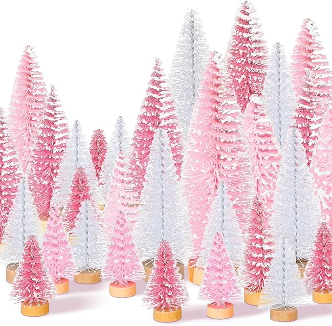 Leyndo 48 Pcs Pink Artificial Mini Christmas Tree Xmas Sisal Bottle Brush Trees with Wood Base Christmas Decor for Xmas Party Table Top Winter Ornaments Home Kitchen Crafts