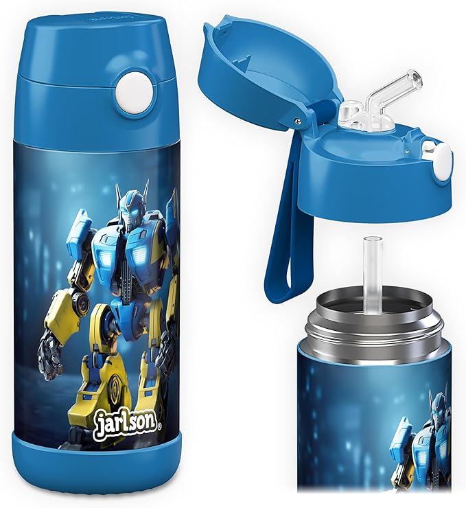 Jarlson® Charli Children's Stainless Steel Drinking Bottle with Straw - Thermos Flask 350 ml - TÜV Tested - BPA Free - Leak-Proof - Thermal Water Bottle for School, Nursery (Robot 'Neo')