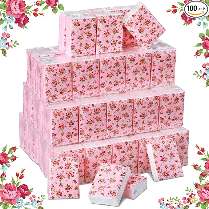 100 Packs Tissue Packs Floral Travel Tissues Packs Pocket Facial Tissues Soft Mini Small Tissues Travel Size Bulk 3 Ply Tissue Packs for Wedding Holiday Spring Picnic Party, 7 Sheets Each Pack