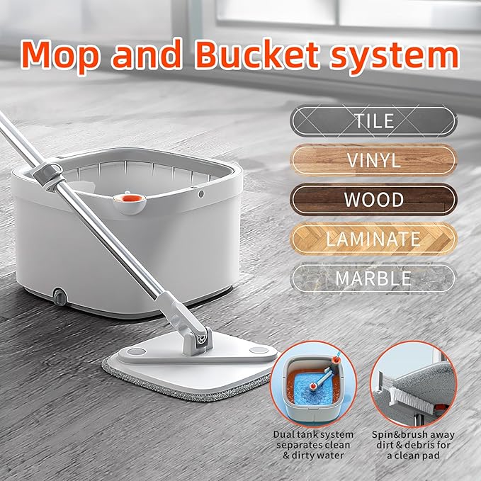 Spin Mop and Bucket Set with Self Separation System 360° Spinning Self-Wringing, Square Clean Mop and Bucket with Wringer-with Replaceable Mop (Light Grey Mop and Bucket Set 2pads)