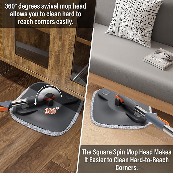 Spin Mop and Bucket Set with Self Separation Dirty and Clean Water System,Self Wringing 360° Rotating Square Clean Mop and Bucket with Wringer,Home Floor Tile Cleaning(3 Thick Mop Pads)(Black)