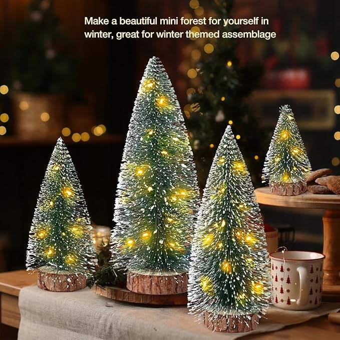 4PCS Mini Christmas Tree with Lights, Bottle Brush Trees, Christmas Table Decorations, Small Christmas Village Trees for Xmas Holiday Party Home Craft (Lighted)