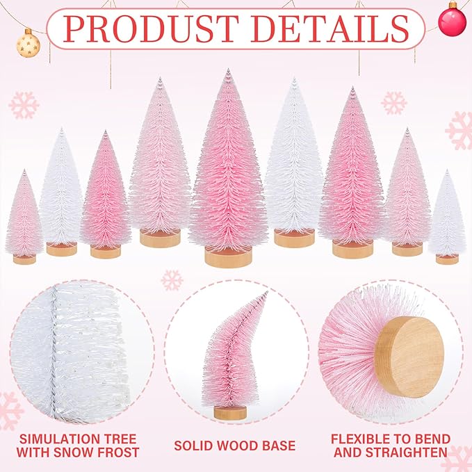 Leyndo 9 Pcs Pink Color Mini Sisal Bottle Brush Trees Small Artificial Christmas Tree with Wood Base Christmas Pine Decor for Home Table Holiday Party Decor