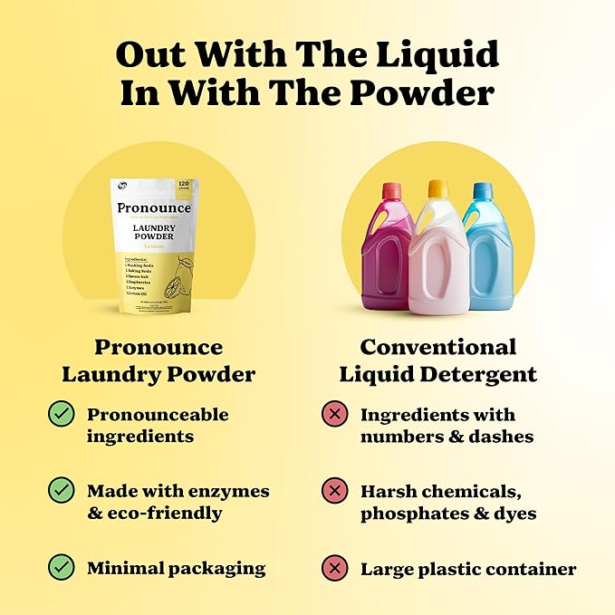 Pronounce Laundry Detergent Powder Alternative | Earth-Derived Ingredients, Eco-Friendly, Safer for Sensitive Skin, Eczema, and Babies. Stain + Smell Fighting. HE Safe (Lemon, 120 Loads).