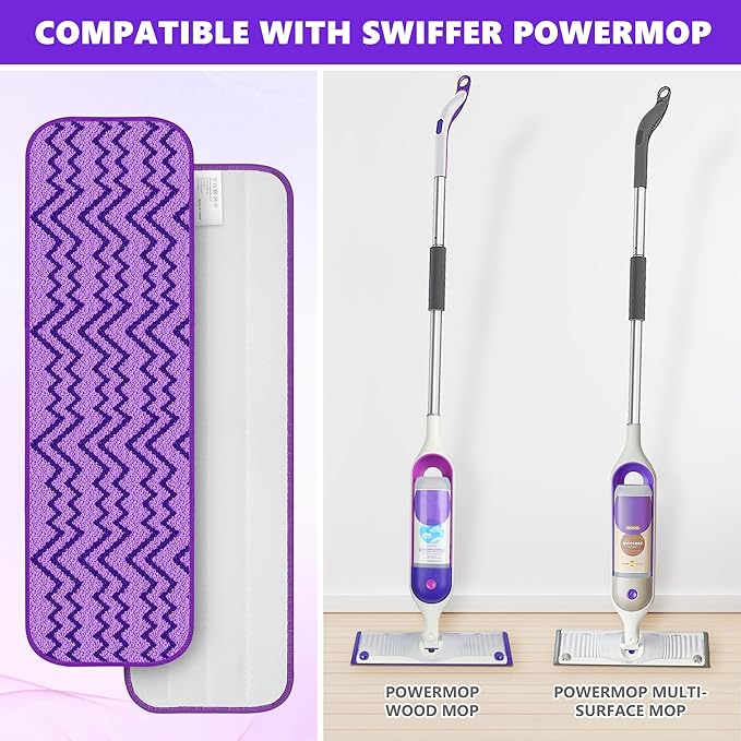 12 Pack Reusable Mop Pads Compatible with Swiffer PowerMop, Power Mop Refill Pads Microfiber Mopping Pad Refills Washable Power Mop Pads for 13" 14" 15" Mop Multi-Surface Wood Floor Cleaning, Purple