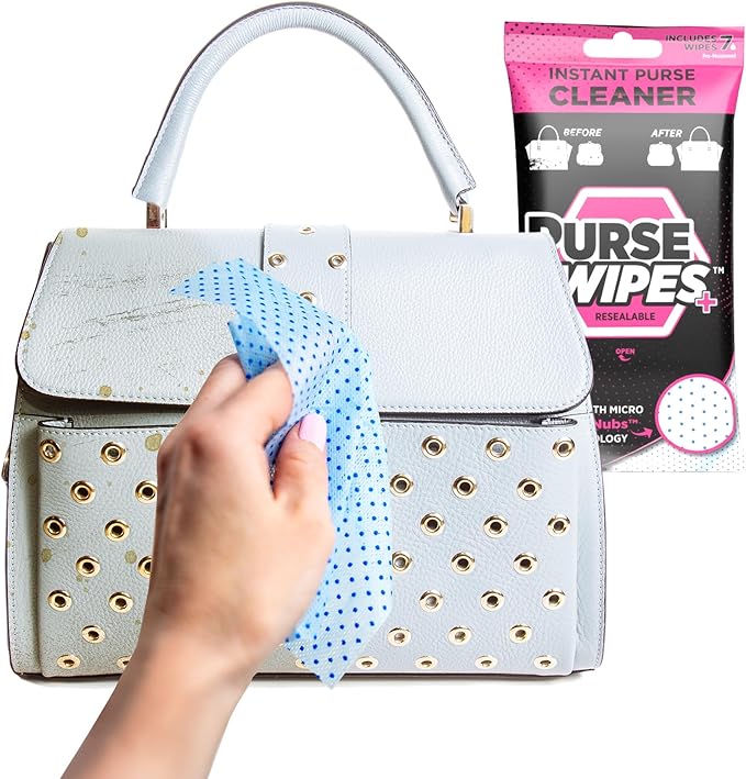 SneakERASERS: PurseWIPES Purse Cleaner Wipes - Portable Leather Wipes for Bags, Purses, and Backpacks, Dirt and Scuff Remover with Innovative ScrubNubs, Perfect for Quick Cleaning, 4-Pack