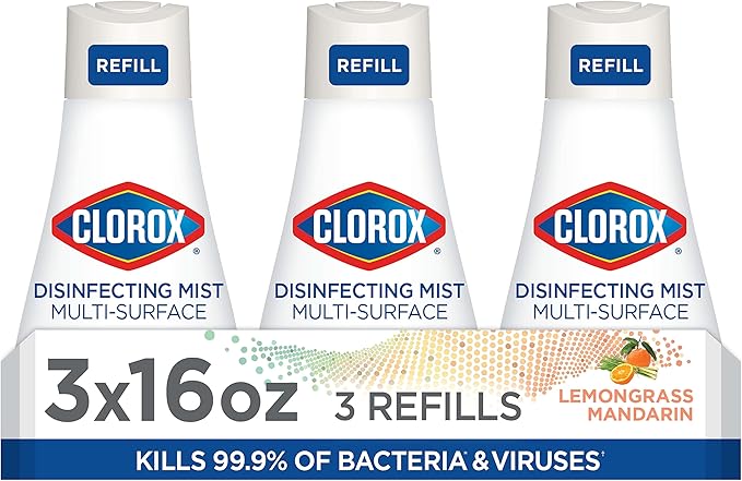 Clorox Disinfecting Mist, Lemongrass Mandarin, Household Essentials, 3 Refills, 16 Fl Oz Each