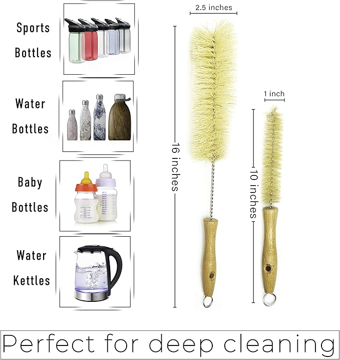 All Natural Bottle Brush and Straw Set (NO Plastic) Sisal Bristles and Wood Handle Bottle Cleaners for Washing Narrow Beer Bottles, Sports/Water Bottles, Tumbler, Kettles, Lid Brush, Long Straw Brush