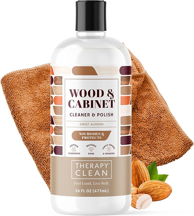 Therapy Wood Polish Bundle with Microfiber 16 oz. - Wood Furniture Polish, Best Furniture Cleaner - Almond Scent - Cleaner, Cabinet and Table Restorer, Natural Conditioner