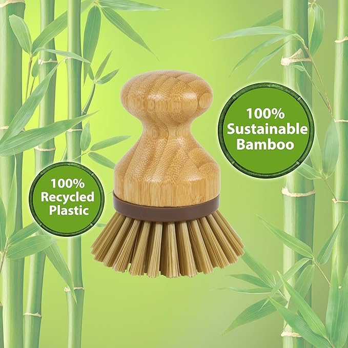 Mini Scrub Brush, Made of Sustainable Bamboo and Recycled Plastic, Scrub Pots, Pans, Vegetables, and More, Pack of 2