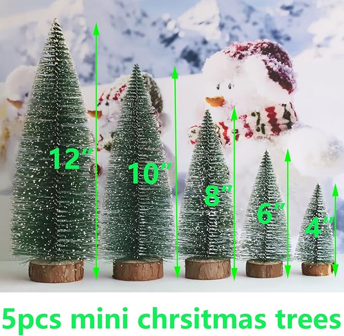 Bottle Brush Christmas Trees 5Sizes Mini Christmas Trees Small Christmas Trees Mini Pine Trees Desktop Miniature Christmas Trees with Snow and Wooden Base for Crafting Decorations (Plant Green)