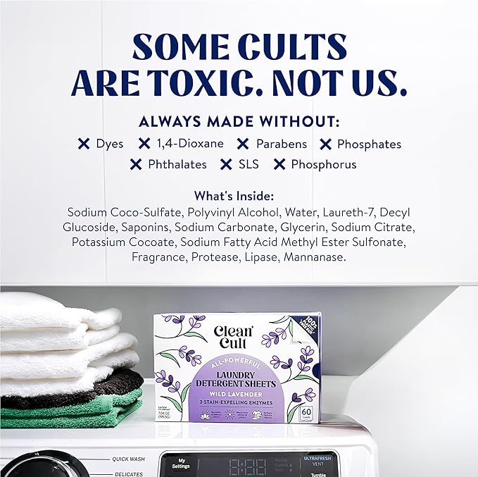 Cleancult Laundry Detergent Sheets - Resealable Box - 3 Stain Fighting Enzymes - Wild Lavender - 60 Loads - Free of Harsh Chemicals - No Mess - No Plastic Waste