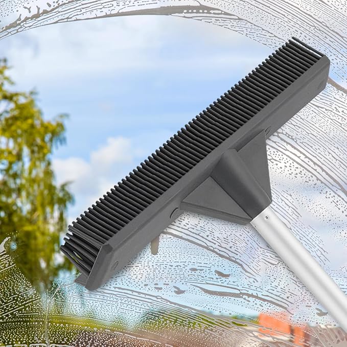 Silicone Pet Hair Broom, Carpet Cleaner, Salon Broom, with Built-in Window Washer Squeegee and 55" Metal Handle