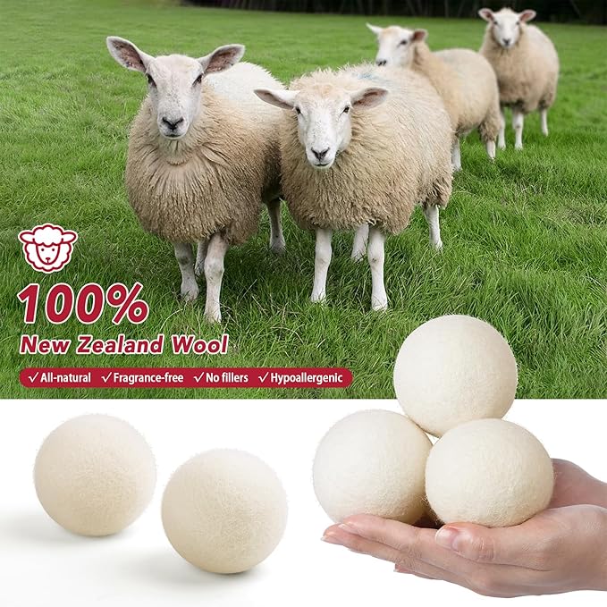 100% New Zealand Wool Dryer Balls XL Size – 6 Pack, Organic & Chemical-Free Fabric Softener, Baby Safe & Hypoallergenic, Reduces Static, Wrinkles & Drying Time, Reusable for 1000+ Loads