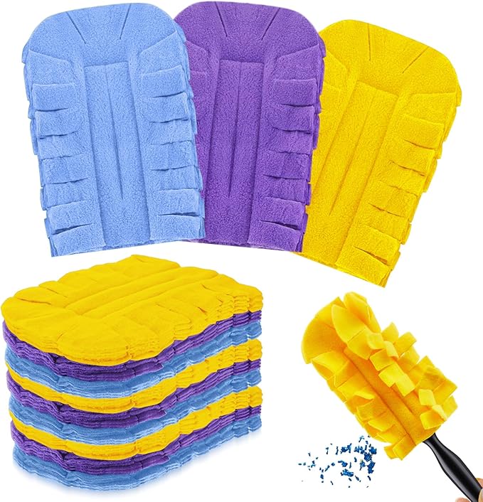 Zubebe 12 Pcs Heavy Duty Duster Refill Reusable Fleece Duster Refills Multi Surface Washable Cleaning Pads for Home, Blinds, Fans, Corners, Furniture (Purple,Light Blue,Yellow)
