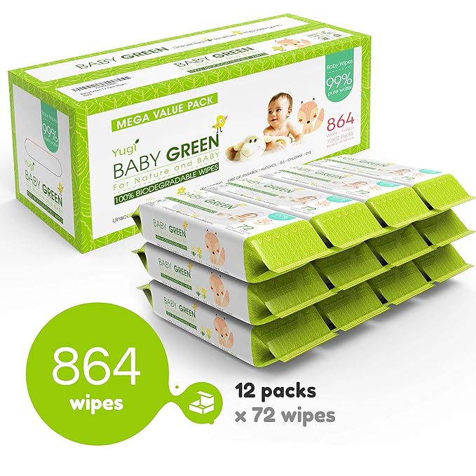 Yugi Green Baby Wipes – Unscented, Compostable, Biodegradable, Plant-Based, Fragrance-Free, for Sensitive Skin & Babies – 12 Packs of 72 (864 Count)