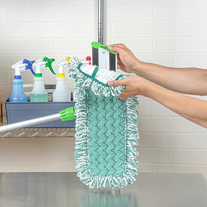 Restaurantware-Clean Tek Professional Dry Sweeping Mop Pad, 1 Dust Pad with Fringe - Mop Frame and Handle Sold Separately, Hook & Loop System, Green Microfiber Reusable Mop Pad, Zig Zag Pattern